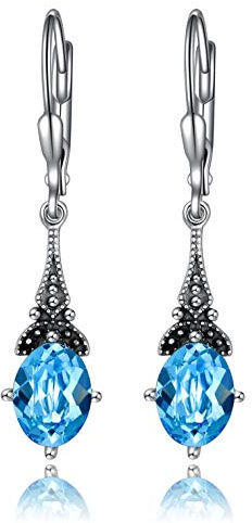 Pendientes vintage de plata de ley con cierre de palanca para mujer, aretes colgantes de gota retro ovalados con piedra natal de cristal, joyería de estilo Art Nouveau para mujer, Plata