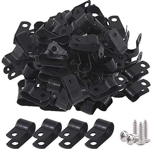 Glarks 60Pcs 5/16 Inch Black Nylon Screw Mounting R-Type Cable Clip Wire Clamp with 60Pcs Screws for Wire, Cable, Conduit and Cable Conduit Kit (Black)