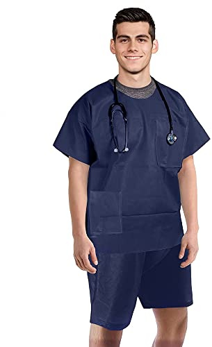 AMZ Medical Supply Navy Blue Disposable Scrub Sets, Medium. 10 Pack Disposable Scrubs Top and Bottom. Spunbonded Polypropylene Scrub Shirt with 2 Pockets & Medical Shorts with Elastic Waistband