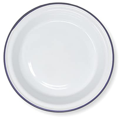 White 20cm Diameter Round Enamel Pie Dish with Navy Blue Edging | Tableware | Metal Outdoor Camping Roasting Oven Dishes | Traditional Classic Style | Perfect for picnics or Camping