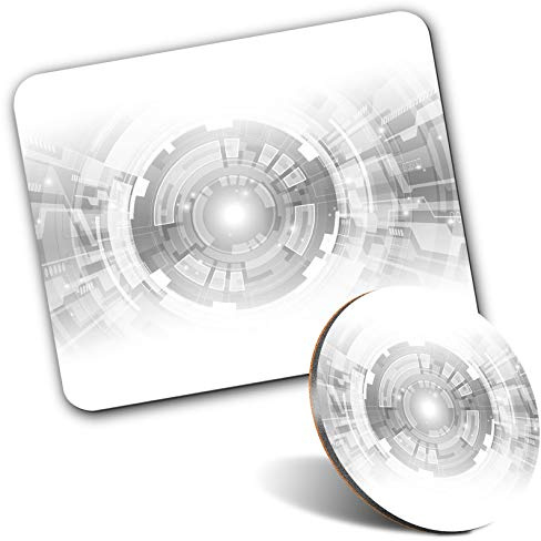 Rectangle Mouse Mat & Round Coaster Set - BW - Computer Technology Concept Eye 20 cm & 9 cm for Computer & Laptop, Office, Gift, Non-slip Base #42441