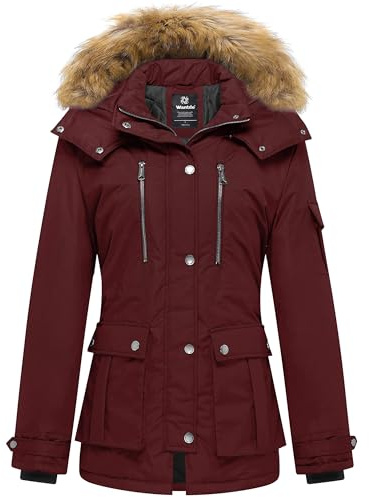 Wantdo, dam, vinter, bomull. vadderad kappa, varm vindtät utomhusjacka, klassisk, medellång parkas, fuskpäls, luva, rock, Vinröd,