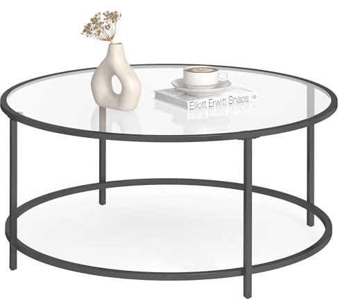 VASAGLE Table Basse Salon, Meuble de Salon en Verre, Cadre en AER, Table Basse Ronde, Table de Salon, Noir LGT021B01, 84D x 84W x 45.5H cm