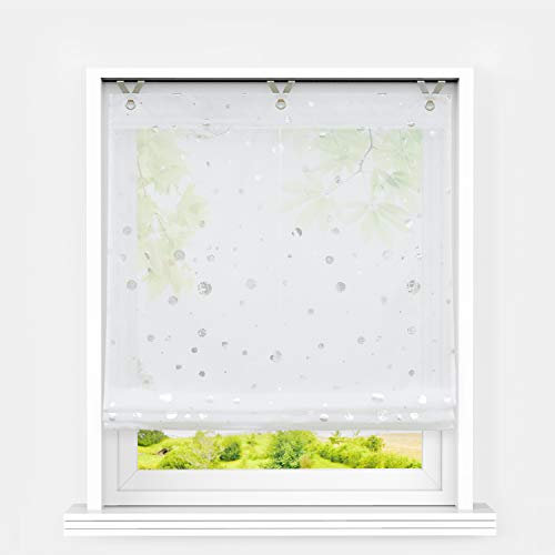 Heichkell Raffrollo mit Ösen Voile Moderne Raffgardine ohne Bohren Kleinfenster Gardine Küche Glänzende Kreise-Dekomuster Weiß BxH 80x130 cm