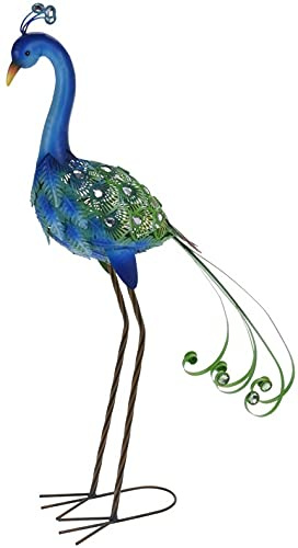 Muddy Hands Metal Garden Ornament Tall Outdoor Free Standing Decorative Statue (Large Blue Peacock)