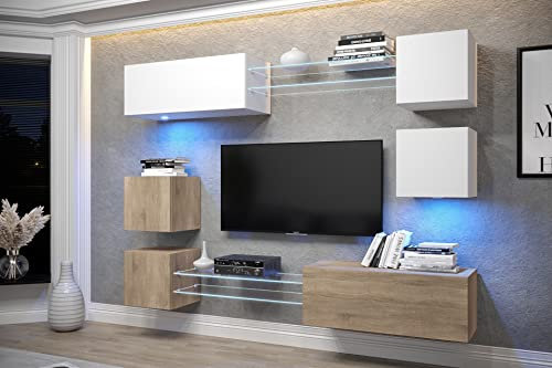 Furnitech Wohnwand Wohnzimmer | Wohnzimmer Möbel mit LED Blau | Hängend Wohnwand Modern | Wohnzimmer Schrankwand mit Regale und TV Schrank (AN65N-21WS-M15)