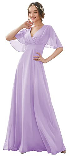 N/ C V Collo Lungo Abiti Da Damigella D'Onore Chiffon Una Linea Bat Maniche Prom Abiti con Tasche C027, Lilla, 50
