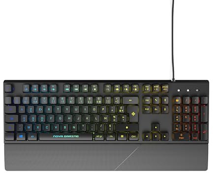 NOVA GAMING – AURIGA – Clavier Gaming à Membrane Filaire USB avec repose poignets – Clavier Gamer, Rétroéclairage RGB dynamique, 104 touches, Antighosting AZERTY Français – Noir