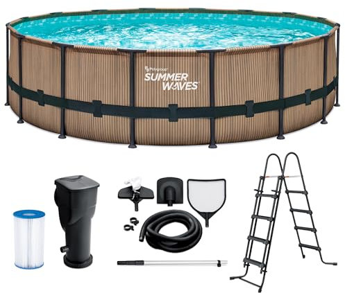 Summer Waves Frame Pool Komplettset | Rund 488x122 cm Teak Optik Braun | Aufstellpool Set | Gartenpool & Schwimmbecken inkl. Filterpumpe, Einstiegsleiter, Abdeckplane, Bodenvlies & Reinigungsset