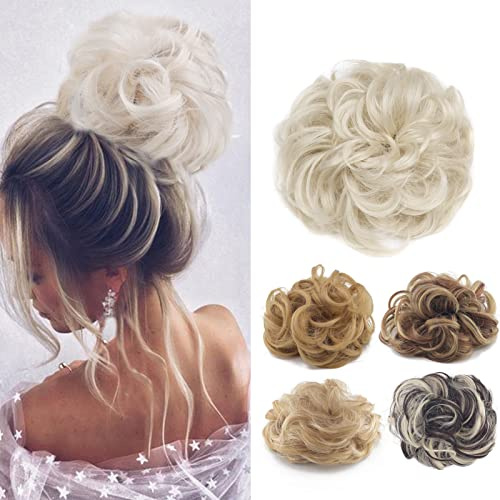 Cybelleza Chignon Finto per Capelli Chignon Coda di Cavallo Elastico Posticci per Capelli Sintetici Ondulati Mossi Extension Facile per Capelli Ricci Ciambella Bun Updo per Donna, 38g Biondo platino