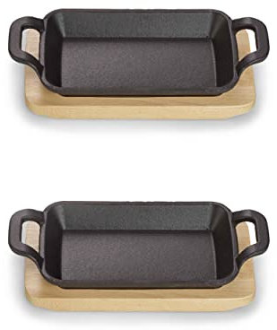 ECHTWERK Set di 2 piatti da portata in ghisa, Piatto da portata, Mini pirofila con tagliere, Piccola padella per grigliare, Già cotta, Adatta per forni e barbecue, Ideale per servire