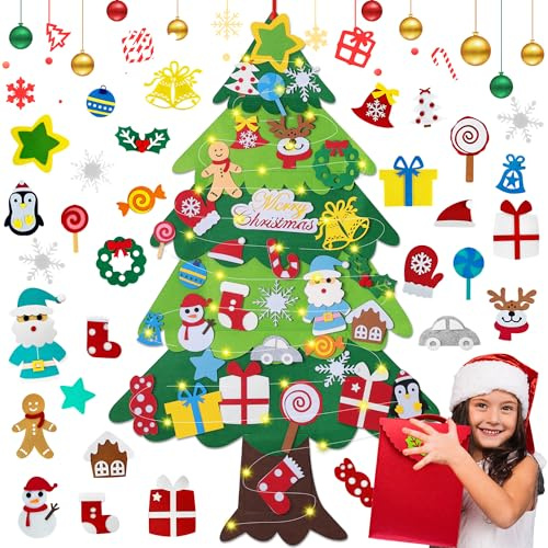WEST STORY Filz Weihnachtsbaum für Kinder, 3.3Ft DIY Filz Tannenbaum Zum Schmücken mit 34 Ornamenten & 5m Lichterkette, Roter Aufbewahrungsbeutel, Kleinkinder & Kinder