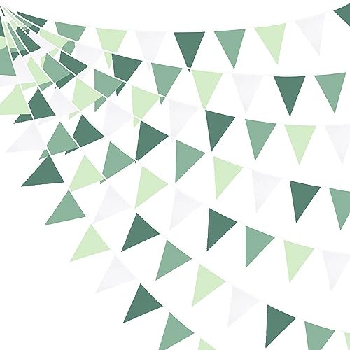 32Ft Vert Sauge Fanions Guirlande Bannière Décoration de Fête vert Foncé Pâle et blanc Tissu Triangle Drapeau Banderole pour Anniversaire Mariage Safari dans la jungle Saint-Patrick Noël Festival Déco