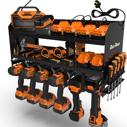 Toolganize Power Tool Organiser, Storage Rack with Power Strip Charging Station, Heavy-Duty for Workshop & Garage Tools, Large 6-Pack, Black.