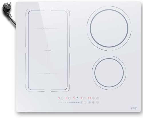 Placas de Induccion 4 Fuegos Flexible con Enchufe, Vitroceramica Induccion 60cm 3500W, 9 Niveles, Función Boost-Aislamiento, temporizador, Bloqueo Para Niños, Blanco