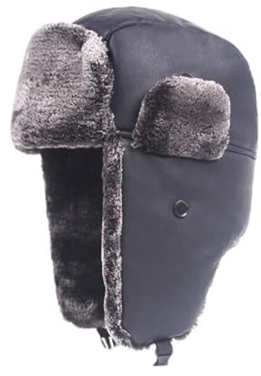 YEAMKE Ledermütze Outdoor Fleece Verdickte warme Mütze Wind- und Kältegehörschutz Flugkappe, schwarz, L (58-60cm)
