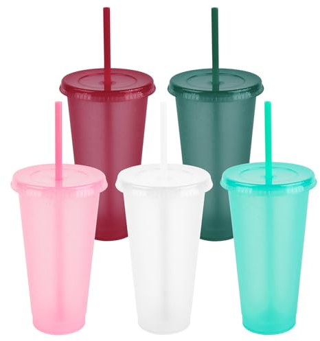 5 bicchieri colorati in plastica riutilizzabili con coperchio e cannucce, bicchieri da 24 oz infrangibili, per feste, campeggio e bambini, Bicchieri di plastica per smoothie e caffè
