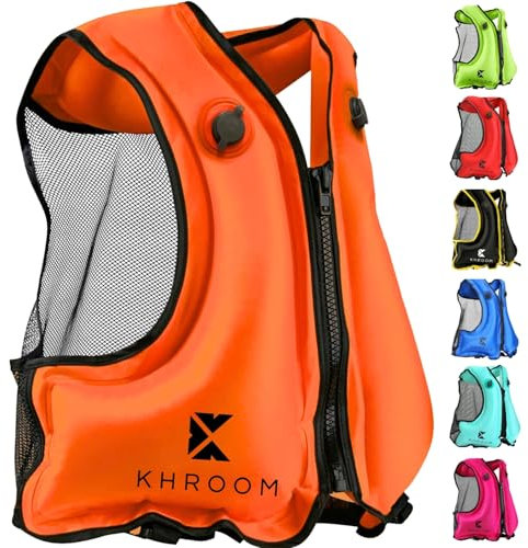 Khroom Chaleco de natación Hinchable Conforme a la última Norma de la EU | 150-210 cm de Altura Corporal, hasta 100 kg | Chaleco de flotabilidad para Adultos | Snorkel, Kayak y Sup (V2 Naranja)