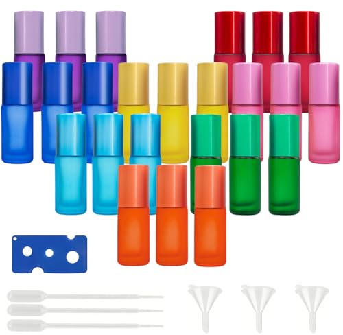 PRITOK Roll On Botellas de cristal para aceite esencial, 24 unidades, vacías, 5 ml, multicolores, con bolas de rodillo de acero inoxidable y accesorios para aceites esenciales, perfume, masajes