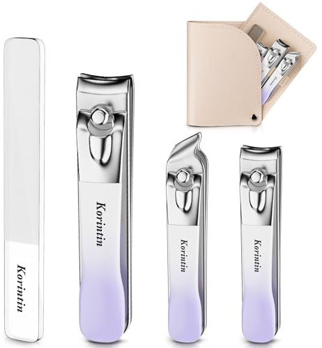Korintin Nagelknipser-Set, 4-teilig, Zehennagelknipser-Set mit Feile und Lederetui, robuster Edelstahl-Nagelknipser, Nagelschneider für Männer und Frauen, Maniküre- und Pediküre-Werkzeuge (lila)