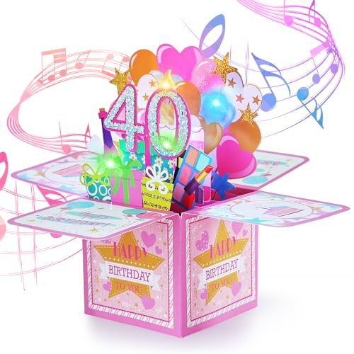 joyoldelf 40 år gammal kvinna födelsedagskort - 3D Pop Up musikaliskt gratulationskort, Grattis på födelsedagen present, perfekt för mamma, vän, mamma, syster, flickvän, följeslagare, familjefest