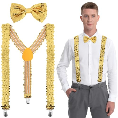 LQTSLFM Juego de tirantes con lentejuelas - 2 piezas de tirantes con lentejuelas con pajarita, clip en Y - Disfraz para hombres y mujeres - Año Nuevo, Carnaval, actuación, dorado, L