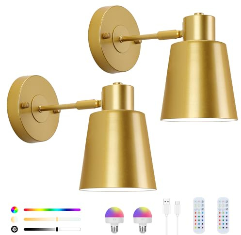 Lampop Akku Wandleuchte ohne Stromanschluss, 2 Stück Kabellose Wandleuchte Innen, RGB Wandlampe mit 15 Farben und Fernbedienung, Wandleuchten Gold für Schlafzimmer Flur