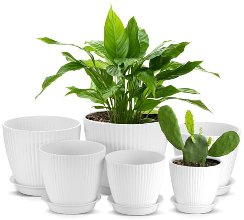 Zocipro Lot de 6 Pots de Fleurs Interieur, Pots de Fleurs en Plastique avec Soucoupe et Trous de Rainage pour Intérieur et Extérieur, Balcon, Jardin, Pot Plante 17,5/15,5/14/12,5/11,5/10 cm, Blanc