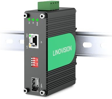 LINOVISION Switch Industriel Fibre PoE+ 10 Gigabit Ethernet, convertisseur de média PoE 10GBASE-X SFP+ vers 10G/5G/2,5G/1G/100M Conforme à la Norme 802.3af/at pour appareils PoE à Haute Vitesse