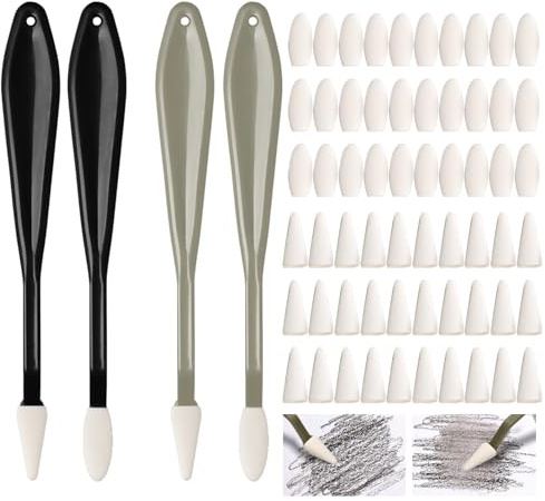 4 Pcs Sketch Wiper, with 60 Pcs Sponge Heads, Sketch Drawing Tools, Artist Blending Sponge Pen, Art Blenders Set, Trimmer Erase Sponge, for Student Artists Sketch Charcoal Sketch Drawing Tools