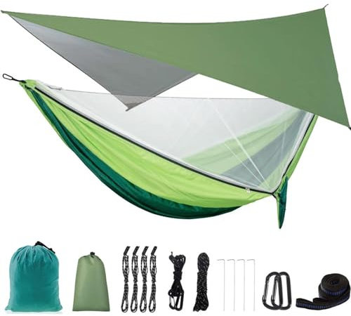 VNSMM Hängematte Outdoor Camping-Hängematte mit Netz-Zelt-Baumgurten, tragbare Einzel-Doppel-Fallschirm-Hängematte aus Nylon für Reisen Camping Hängematten(Drak Green-Green)