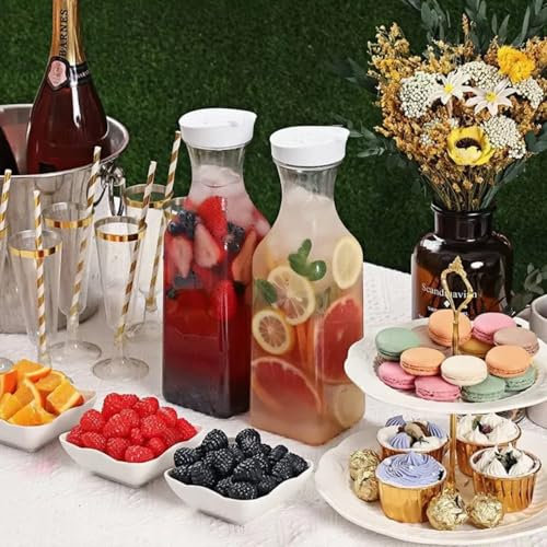 Set de 2 jarras de plástico de 1,5L con tapas de flip blancas, jarra para agua, jarra para jugo, adecuada para agua, jugo, té helado, refrescos, limonada y otras bebidas frías.