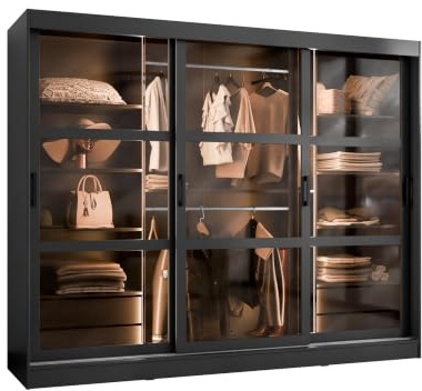 Mirjan24 Kleiderschrank Norlio mit glastüren, Schwebetürenschrank mit Rauchglas, Schiebetürenschrank mit einlegeböden und Stange, Garderobe (Schwarz, mit LED Beleuchtung)