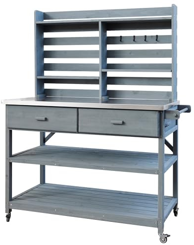 64.9H Outdoor Potting Bench Table with Lockable Wheels, Solid Wood Outdoor Kitchen Island with Upper Hutch, Stainless Steel Top, Towel Rack ,Outdoor Storage for Grilling, Lawn Garden(Grey+Blue)