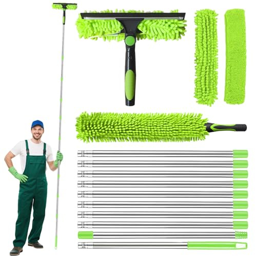 4 m Window Squeegee Cleaner Kit,2in1 Window Cleaner Equipment with 10 Extension Pole,2 Microfiber Cloths Squeegee,Telescopic Window Cleaner for High Windows,Mirror,Car Glass,Window Cleaner Tool