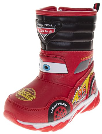 Disney Cars Snow Boots with Lights - Lightning McQueen Winter Boot for Boys - Fur Lined Insulated Waterproof - Red/Black (size 9 Toddler)