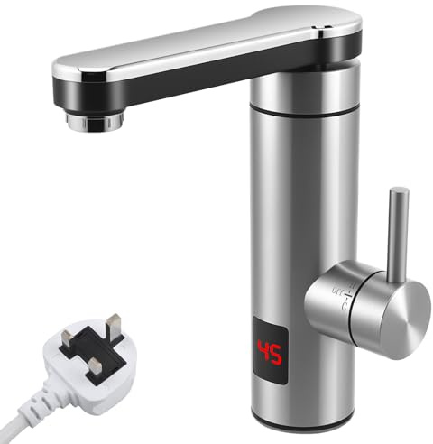 Hot Water Tap Tankless 220V 3.3KW, Electric Water Tap Kitchen/Bathroom Sink Faucet, 120° Rotatable Instant Hot Water Faucet with LED Digital Display 30-45℃, Energy Saving & Safe Protection