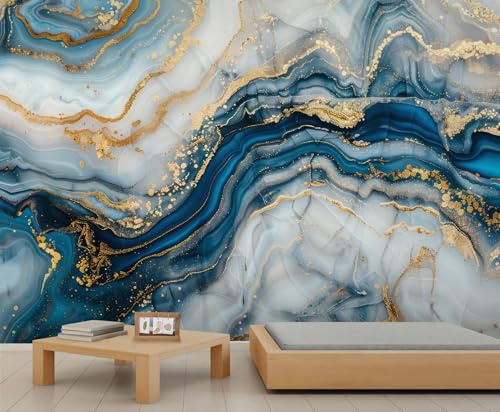 FACADUP Luxury Marble Murals Modern Fashion Golden Blue Marble Effect Wallpaper for Kids Room Bedroom 280x200cm Adhesive Large Wallpaper Stickers (Not Self-Adhesive)