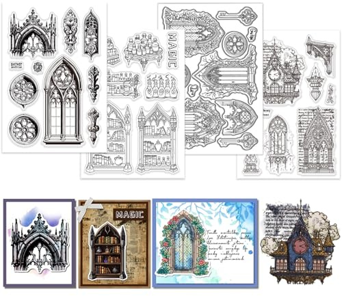 GLOBLELAND 4 Blatt Gotische Architektur Klarer Stempel Für Scrapbooking Fenstertür Silikonstempel Kirchengebäude Transparentes Stempelset Für Kartengestaltung DIY Prägen Journaling