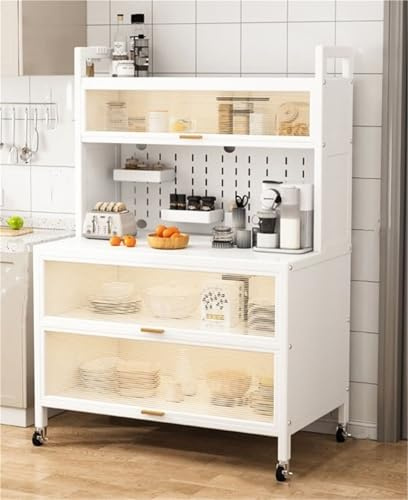 Armadio multifunzione da cucina a 5 ripiani, con supporto per microonde e anta a ribalta, credenza salvaspazio per la casa (bianco, 80 cm)