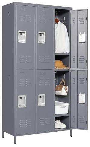 IKIMI 6 Door Metal Locker, 72in Tall Steel Employee Locker with Shelves & Hooks, Storage Cabinet for Office, Gym, School & Home,Assembly Required,Gray Color