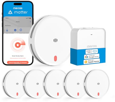 Meross Matter Detector de Humo Conectado, 6 Unidades con Hub MSH450 | Alarma de Incendios WiFi Inteligente con Doble Sensor Óptico, Alarma de Fuego con Notificación APP, Detectores de Humo, 33 mm
