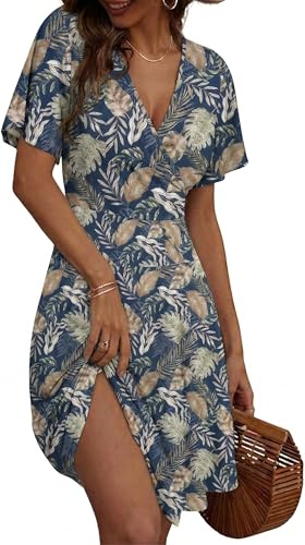 Zeagoo Vestidos De Verano Mujer Cuello De Pico Manga Corta Vestido De Playa Estampado Floral Volantes Vestido con Bolsillos Elegante Motivo Hojas 02 S