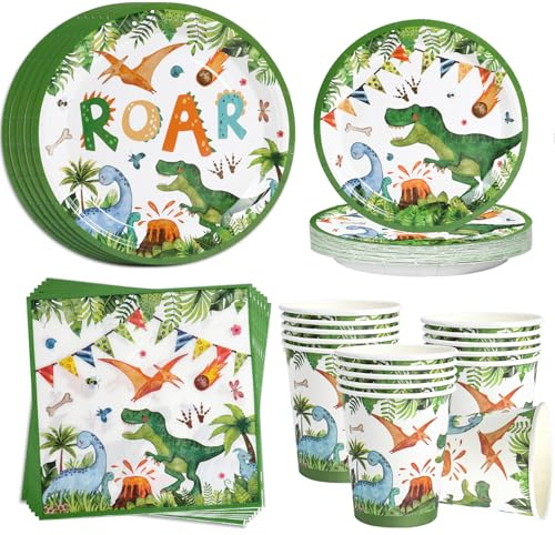 Vaisselle Jetable Anniversaire Dinosaure, 96 Pièces Assiette Jetable Anniversaire Dinosaure Garcon, Assiette Dino Jungle Safari, Assiettes Tasses Serviettes pour Fête à Thème Jungle Safari 24 Invités