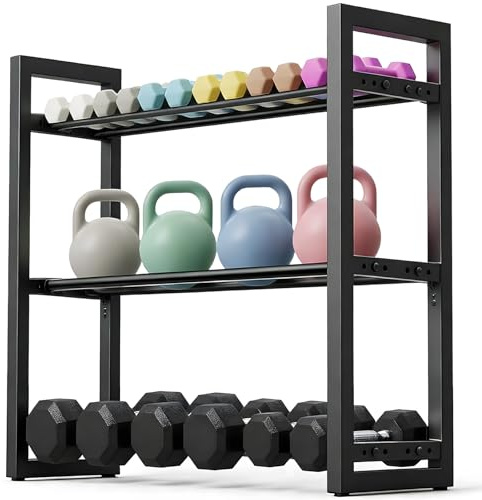 3 nivåer, justerbart hantelstativ, metallrörsställ, förvaringsställ vikter, platsbesparande hantelställ, Kettlebell-organisatör för hemmagym (kapacitet 360 LB)