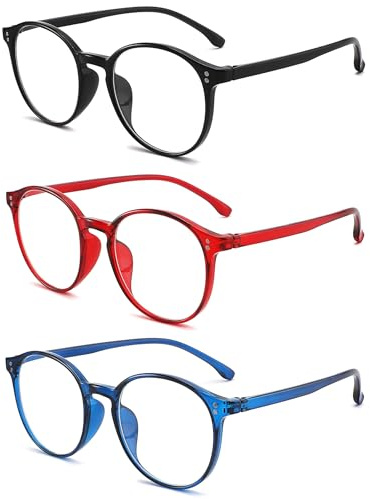 LANLANG Paquete de 3 Gafas de lectura para mujer con 3 colores, Montura redonda (negro/rojo/azul), Lentes transparentes