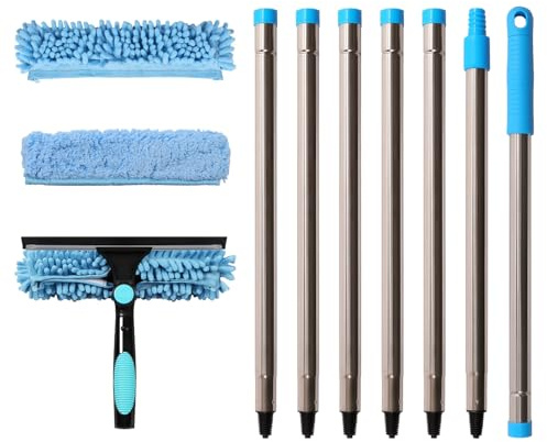 Terafeels 280cm Teleskop Fensterwischer Abzieher Set, 2 in 1 Teleskopstange Fensterreinigung ür Innen und Außen Hohe Fenster Autoglas (Blau)