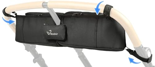 StrollAir - Universal Best Double Parent Stroller Organizer Caddy Insulated Cup Holder Console side-by-side Mountain Buggy TWIN WAY Bob Duallie Baby Jogger City Mini GT – Black