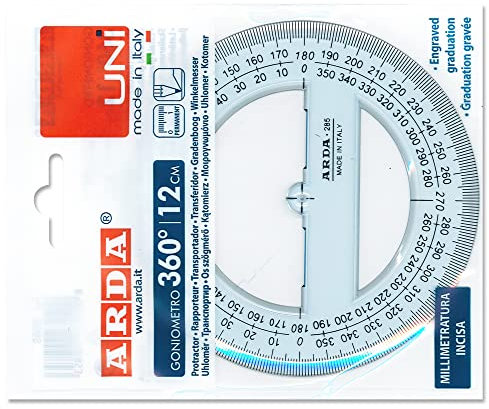 Arda - Goniometro a 360 ° 12 centimetri linea uni - regola (polistirolo, trasparente, 120 mm)