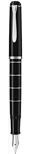 Pelikan Füllhalter Classic 215, Schwarz-Ringe, Feder M (mittel), hochwertiger Kolbenfüller im Geschenk-Etui, 948281